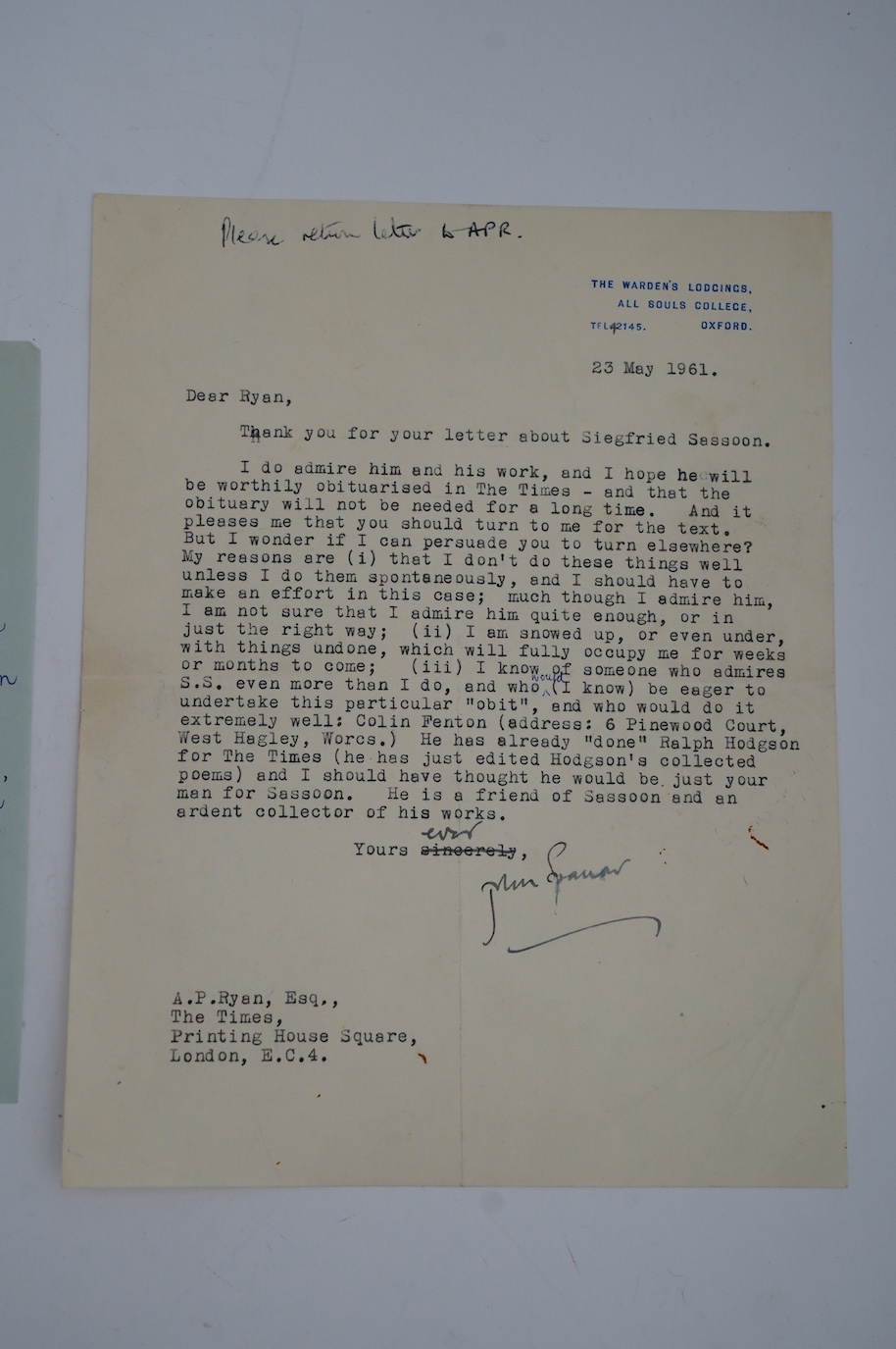 Edmund Blunden (1896-1974), English Poet, Author and Critic who, like his friend Siegfried Sassoon, wrote of his experiences during World War I in both verse and prose. A.L.S., E. Blunden, one page, 8vo